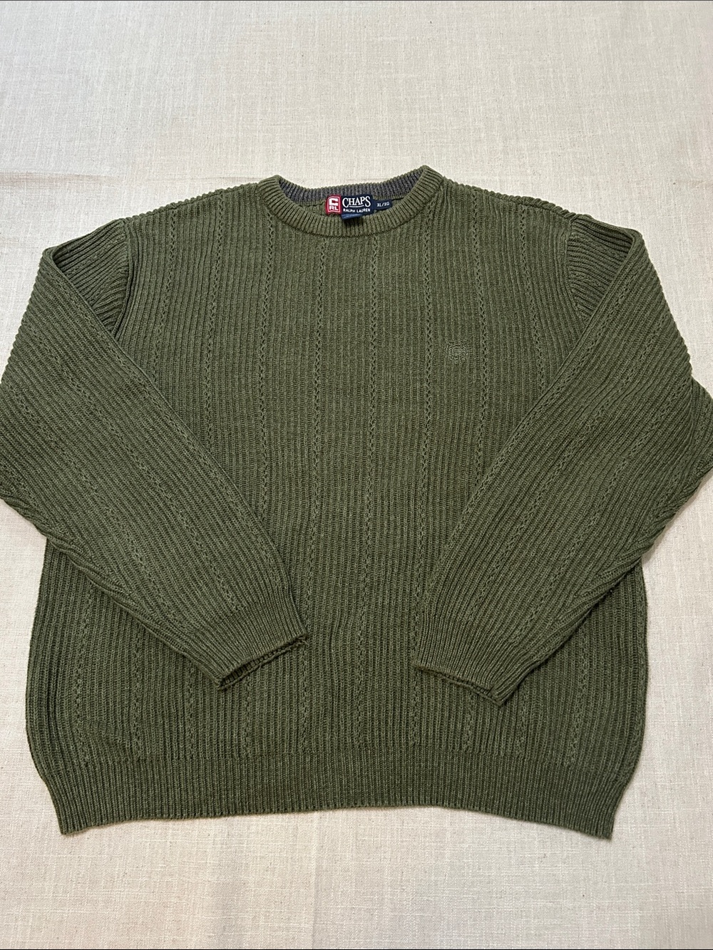 Vintage Ralph Lauren Chaps Sweater XL Green Cotton Old Money Ribbed Cable Knit